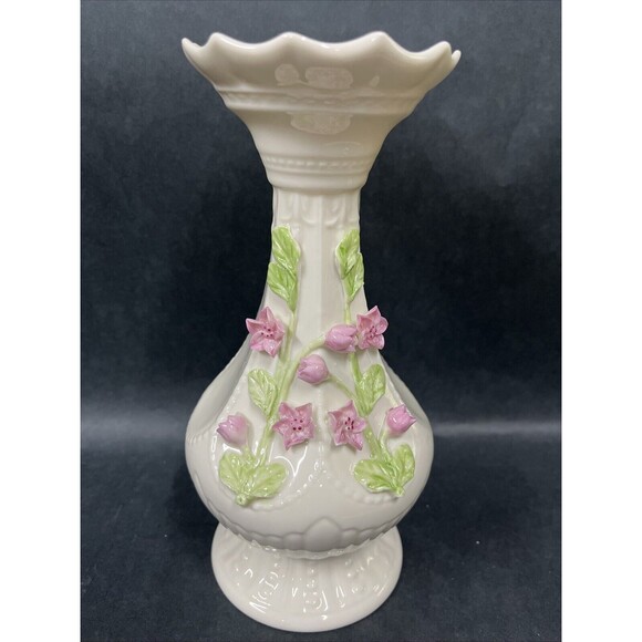 VTG Belleek Ireland Cherry Blossom 8.25" Vase Parian Porcelain Blue Mark EUC